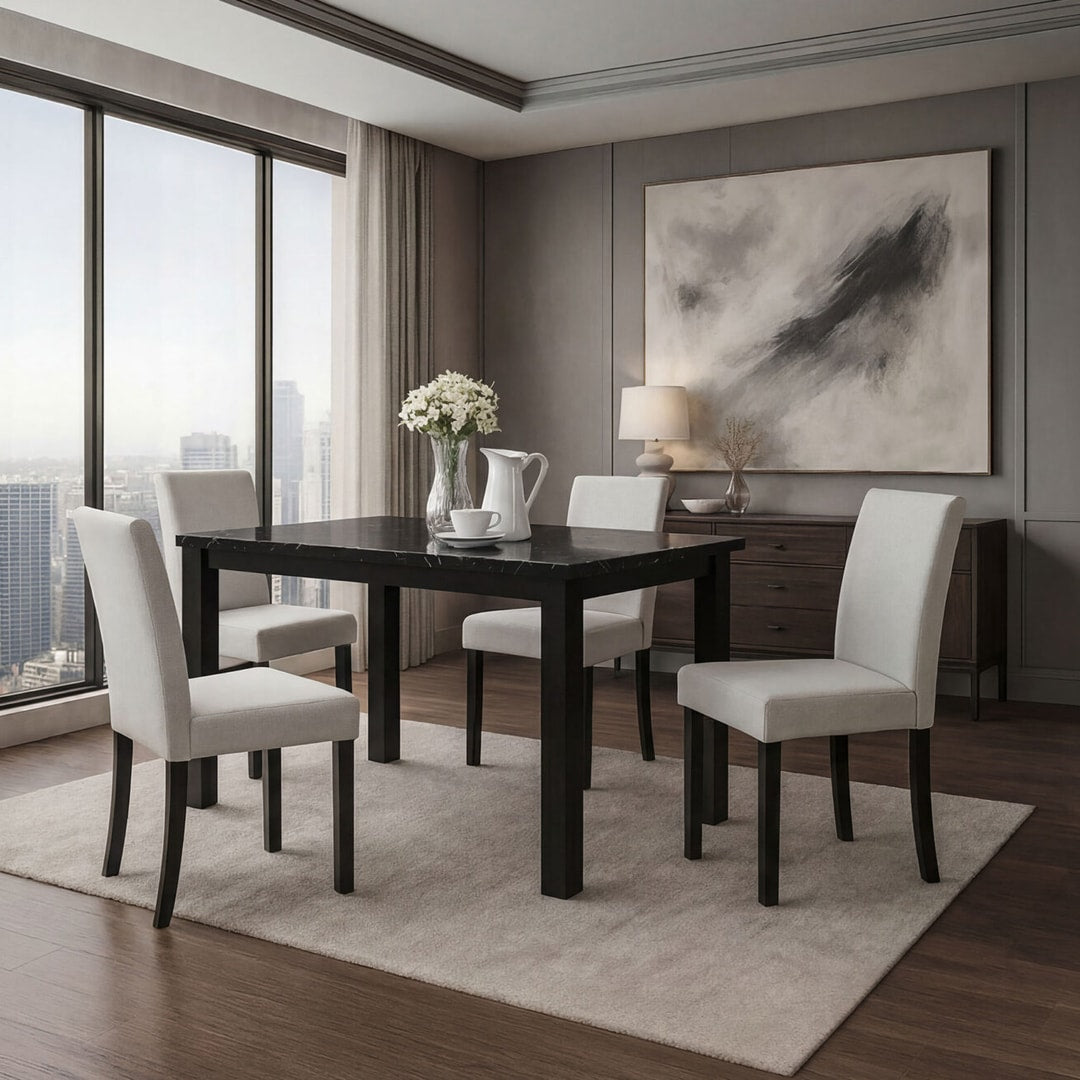 Black marble-look dining table with four light grey upholstered chairs, styled in a modern high-rise dining room
