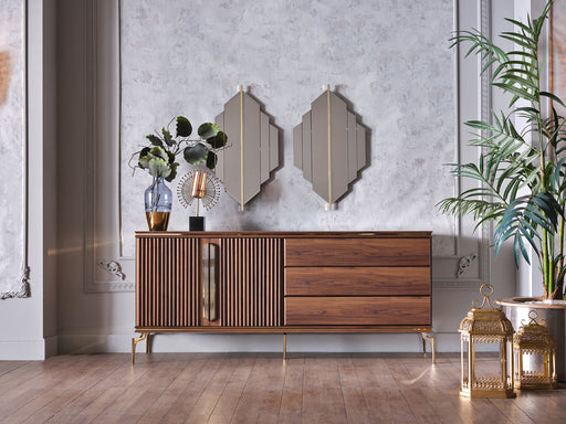 Montego Buffet Mirror with wood cabinet, vase, plant, and gold accents, adding vintage charm and practical storage to your dining area.