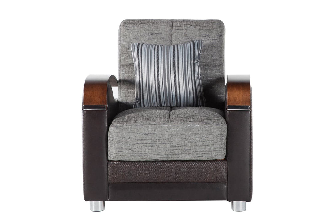 Stylishly Modern Luna Collection: Combines polished wood, leatherette, and chenille